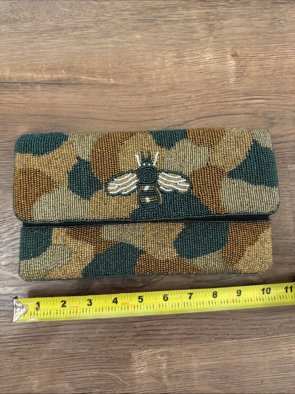 Beaded Bee Clutch Wallet in Olive and Gold Tones with crossbody